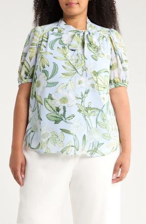 Sugarlips Serenade Tie Neck Top in Blue/white/greens at Nordstrom, Size 1X
