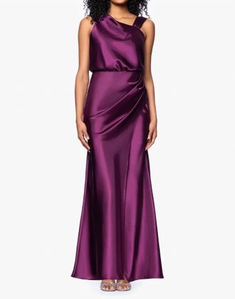 Betsy & Adam Melody Satin Ruched Gown In Plum
