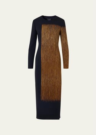 Akris Oro Lienzo Print Wool Crepe Long-Sleeve Midi Dress
