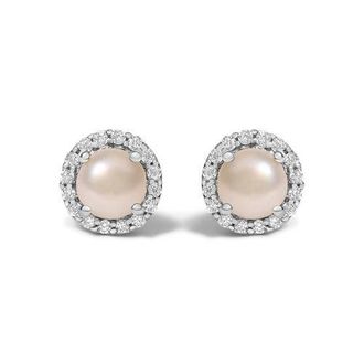 House of Brilliance 10K Gold Gemstone and 1/6 Cttw Diamond Halo Stud Earring in White | Pearl at Nordstrom