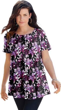 Roaman's Plus Size Ultimate Cotton Crewneck Short Sleeve Swing Tee in Black Berry Garden at Nordstrom, Size Medium