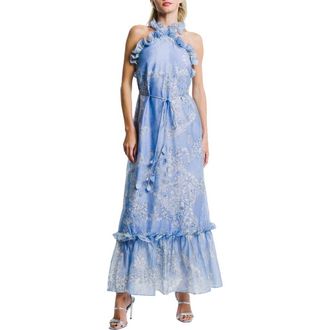 Ciebon Bronya Placed Floral Halter Neck Maxi Dress in Blue Multi at Nordstrom, Size Medium
