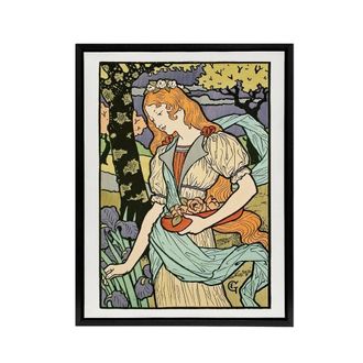 Artery8 Salon des Cent Woman Picking Flower Grasset Framed Canvas Wall Art | Size: W24 x H32