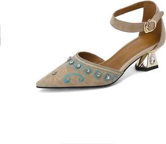 TinaCus Handmade Embroidered Suede Leather Womens Pointed Toe Chunky Heels Pumps Shoes with Ankle Strap, Khaki, 7.5 UK