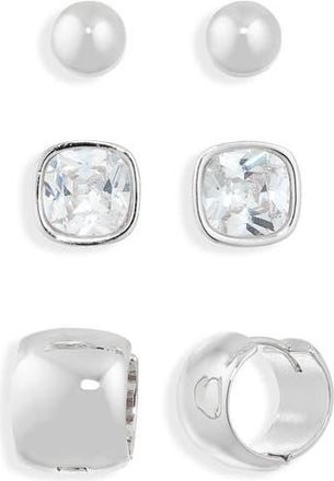 Nordstrom Rack Set of 3 Cubic Zirconia Stud & Huggie Hoop Earrings in Clear- Silver at Nordstrom Rack