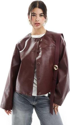 Asos collarless clean leather look jacket in burgundy-Red