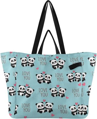 Generic Panda Couple Teal pattern Reusable Canvas Tote Bag, Heavy Duty Grocery Shopping Bag with Double Handles Large Capacity Hard Bottom Work Groceries Trav