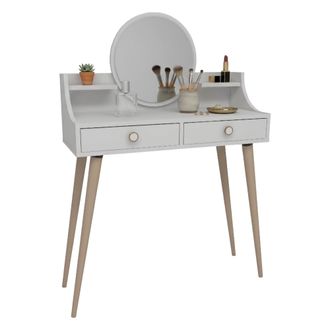 Dmora Peinadora Isernia, Mueble Con Espejo Incluido, 2 Cajones, Estructura Marr&oacute;n, 90x35x131h Cm Blanco