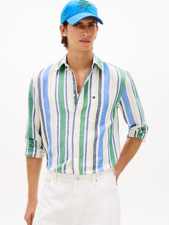 Tommy Hilfiger Mens Regular Bold Stripe Linen-Blend Shirt - Green - XXL