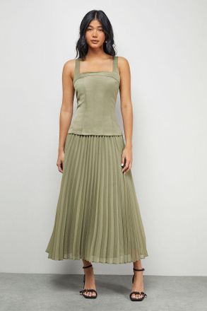 Warehouse Womens Satin Fitted Bodice Chiffon Pleated Skirt Midi Dress - Green - Size 10 UK