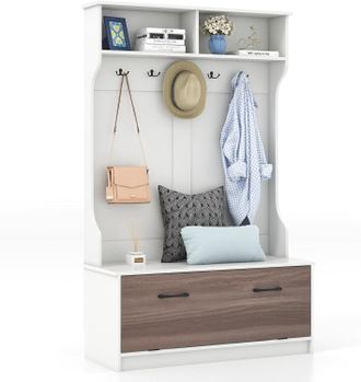 Costway Costway - Perchero Entrada Recibidor Con Zapatero, 1 Solapa, 5 Ganchos Dobles, 100 X 40 X 160 Cm, Armario De Entrada, Armario Recibidor (blanco)