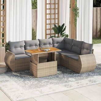 vidaXL Set Sof&aacute;s De Jard&iacute;n 7 Piezas Y Cojines Rat&aacute;n Sint&eacute;tico Beige Vidaxl