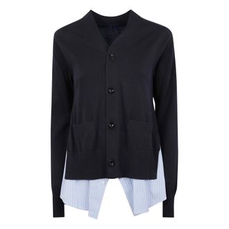 sacai Wool V-Neck Cardigan with Striped Hem
