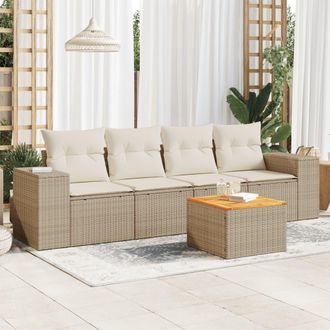 vidaXL Juego De Sof&aacute;s Jard&iacute;n Con Cojines 5 Pzas Rat&aacute;n Sint&eacute;tico Beige Vidaxl
