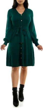 Nina Leonard Waist Tie Ribbed Long Sleeve Sweater Dress in Emerald at Nordstrom Rack, Size X-Large