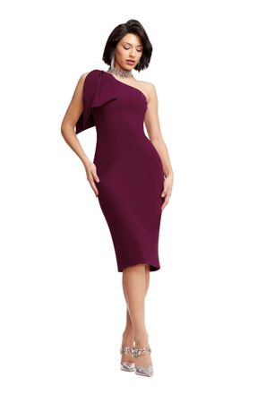 Dress The Population Womens Tiffany One Shoulder Bow Detail Midi Sheath Dress, Dark Magenta, S