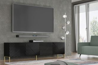 AC-D&eacute;co Mueble De Tv Surf 200 Cm 4d Fresado Lacado Negro Brillo + Patas Doradas