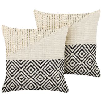 Beliani Conjunto De 2 Cojines De Algod&oacute;n Beige Negro 45 X 45 Cm Borlas Accesorio Calanthe