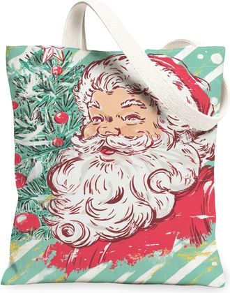 Generic Christmas Santa Canvas Tote Bags, Retro Holiday Art Pattern Reusable Grocery Bags, Festive Lightweight Washable Shoulder St, Red, 13x15 Inch