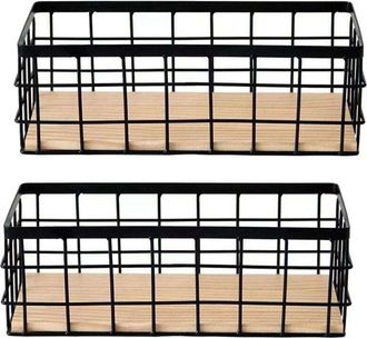 OEM Paquete De 2 Cestas De Almacenamiento De Metal Con Base De Madera, Decorativas Para La Cocina, Cestas Para Organizar Platos Peque&ntilde;os
