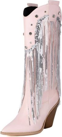 Generic Womens Pointed Toe Long Boots with Beaded Pull on Mid-Calf Boots Block High Heel Western Cowboy Boot,Pink,6.5 UK