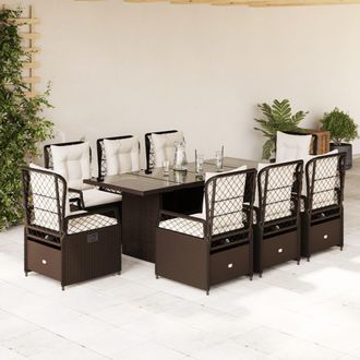 vidaXL Set Comedor Para Jard&iacute;n 9 Pzas Y Cojines Rat&aacute;n Sint&eacute;tico Marr&oacute;n Vidaxl
