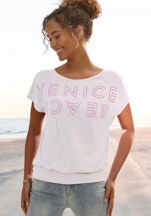 Venice Beach Rundhalsshirt VENICE BEACH, Damen, Gr. 32/34, weiss (wei&szlig;, flieder), Slub, Obermaterial: 65% Polyester, 35% Viskose, mehrfarbig, figurumspielend h&uuml;ftl