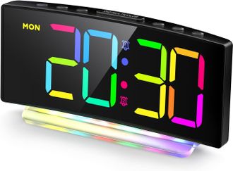 OEM Reloj Despertador Digital Led Curvo Con Luz Rgb, Alarma Dual, Formato De 12/24 H, Brillo Ajustable (adaptador Incluido)