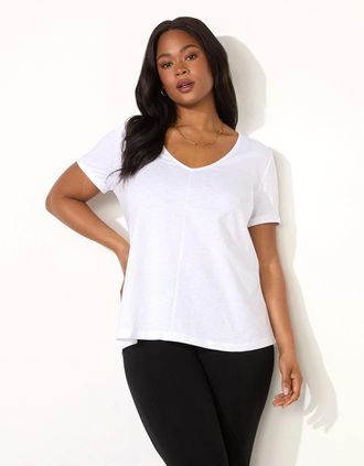 Live Unlimited London Womens White Cotton Slub V-Neck T-Shirt - Size: 12
