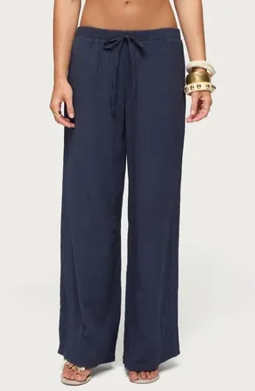 Edikted Viktoria Cotton Crinkle Gauze Wide Leg Drawstring Pants in Navy at Nordstrom, Size X-Small