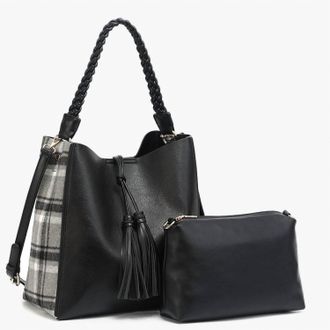 Jen & Co. Womens Dina Plaid Contrast Tote With Tassel And Removable Pouch In Black /grey