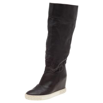 Casadei Brown Leather Wedge Mid Calf Boots