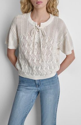DKNY Lace-Up Placket Short Sleeve Semisheer Cotton Blend Pointelle Sweater in Coconut at Nordstrom, Size X-Large
