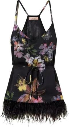 Twinset Korte Gevederde Top in Zwart/Multicolor - Dames - Tops zonder mouwen - Veelkleurig - M - Polyester - Tops