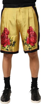 Dolce & Gabbana Yellow Floral Print Silk Men Bermuda Mens Shorts
