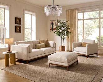 Castlery Owen Sofa with Ottoman, Basketweave Cream, Walnut Leg by Castlery
