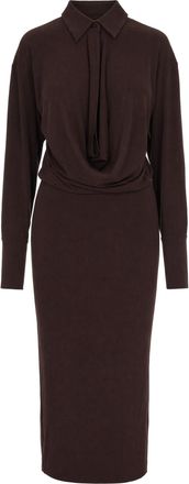 Andamane Brown Draped Hooded Polyester-Blend Midi Dress