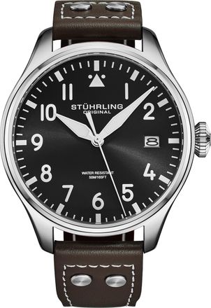 St&uuml;hrling Mens Airman 4078 Quartz Mens 43mm Pilot Watch - Black Stainless Steel - One Size