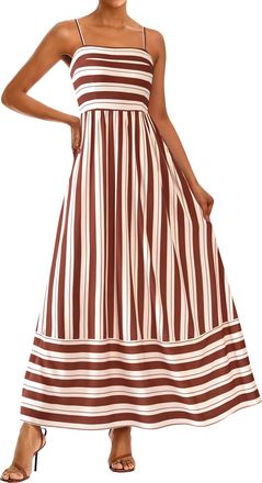 PrettyGarden Summer Dresses for Women 2025 Beach Maxi Dress Spaghetti Strap Floral Boho A Line Wedding Guest Flowy Long Dress, Striped White Red Brown, XXL