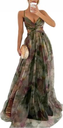 Generic Womens Floral Print Tulle Prom Dresses Sexy Spaghetti Straps V Neck a Line Maxi Dresses Lace-Up Back Cocktail Dress (Green,XL)