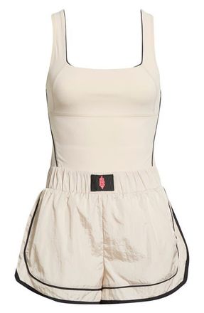 Free People FP Movement Varsity Blues Mixed Media Romper in Mineral Bath Combo at Nordstrom, Size X-Large