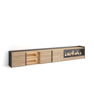 Skraut Home Mueble tv efecto madera roble negro 315x35x50cm chimenea efecto fuego