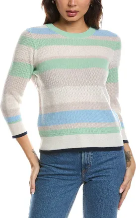 Fort&eacute; Cashmere 3/4-Sleeve Openwork Stripe Crewneck Cashmere Sweater