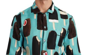 Dolce & Gabbana Mens Blue Silk Ice Cream Print Casual Shirt