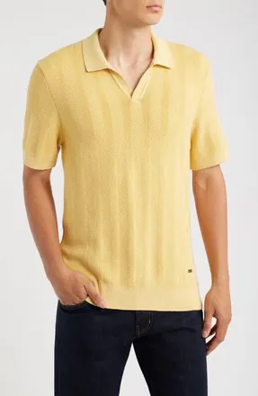 Bugatchi Johnny Collar Basket Stitch Cotton Blend Short Sleeve Sweater in Jojoba at Nordstrom, Size Xx-Large