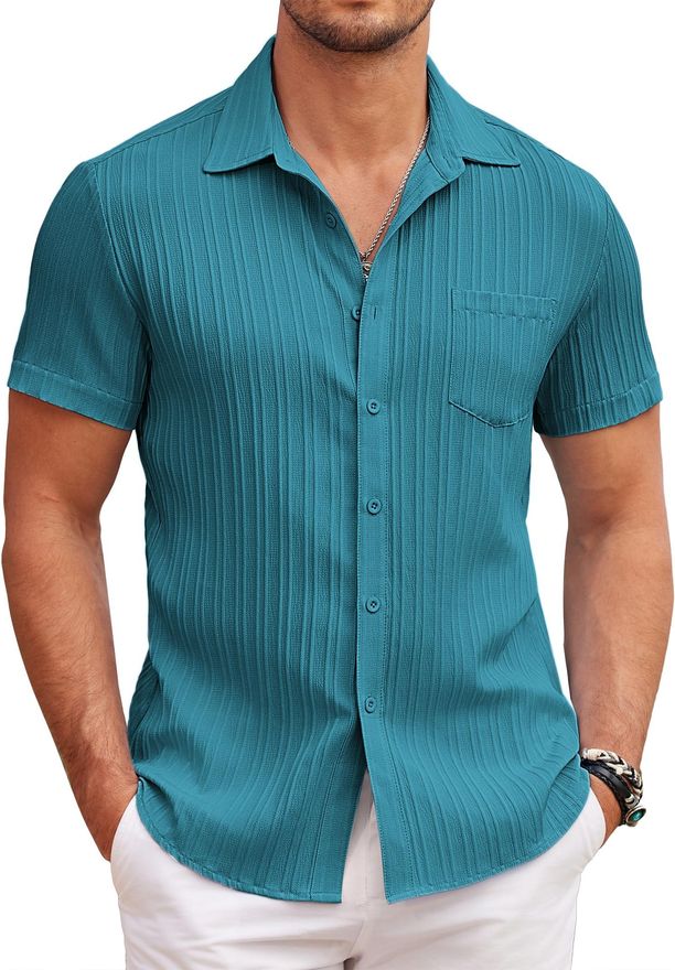 COOFANDY Herren Kurzarmhemd – Lässiges Freizeithemd, Bügelfrei – Blau, Größe XL – Für Strand, Urlaub & Alltag