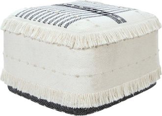 LR Home Black And Ivory Farmhouse Chic Shag Stripe Pouf Ottoman