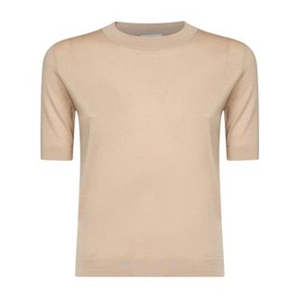 Max Mara Ronde hals gebreid T-shirt - Dames - Ronde hals truien - Beige - XS - Wol - Truien & Vesten