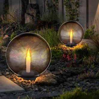 ETC Shop Luci solari a sfera per il giardino luci da giardino rotonde a led effetto fuoco a candela 25 cm per esterni, plastica fumo, 1x led bianco caldo, DxH