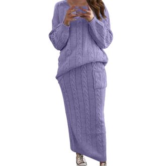 Generic Womens Purple 4XL Knitted Sweater Dress with Pocket, Ribbed Knit, Elastic Waist, Crew Neck, Long Sleeves, Maxi Length, Winter Warm Cozy Sweater Dress